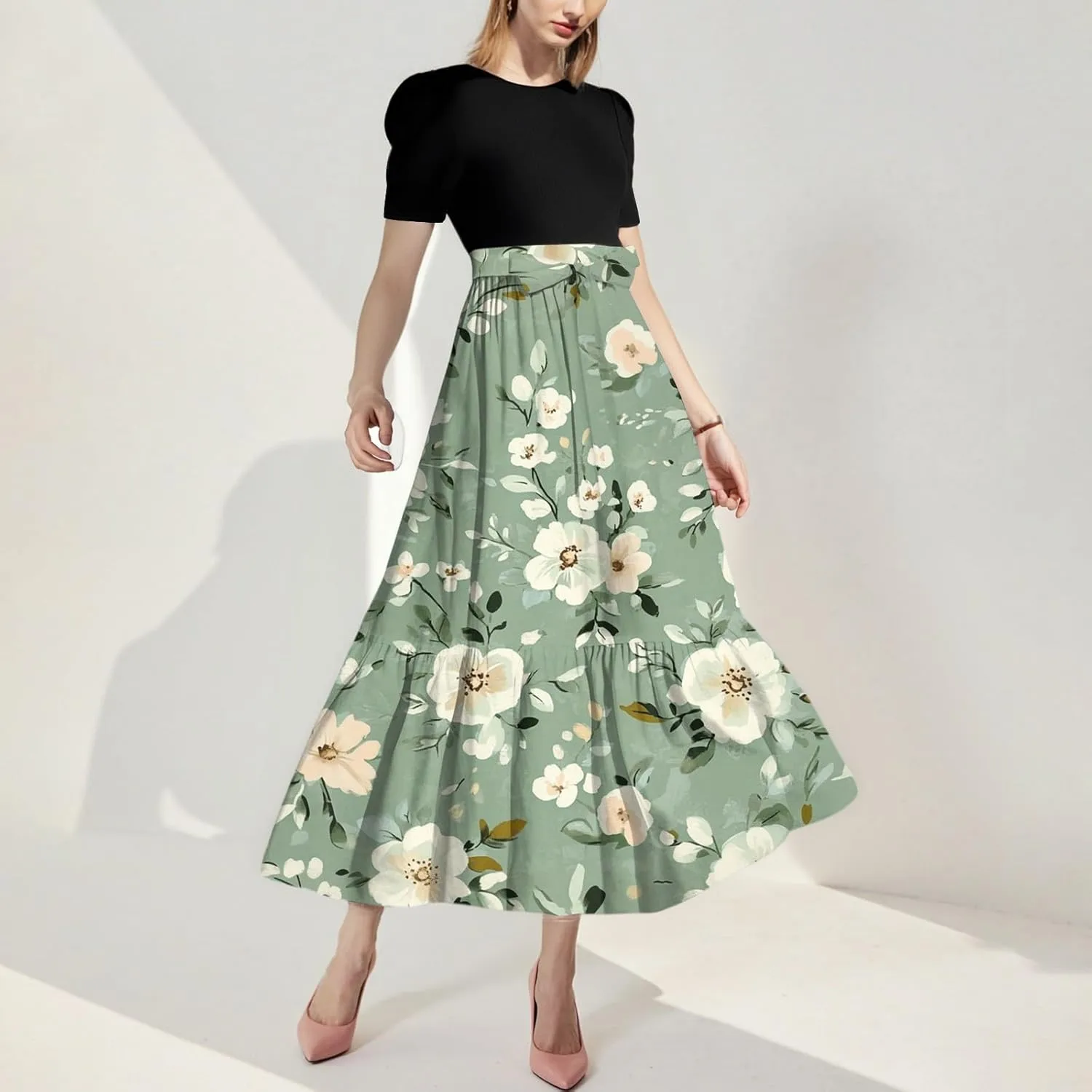 Women's 2025 Summer Floral Crew Neck Midi Dress Boho Short Sleeve High Waist Flowy Beach Vacation Dresses