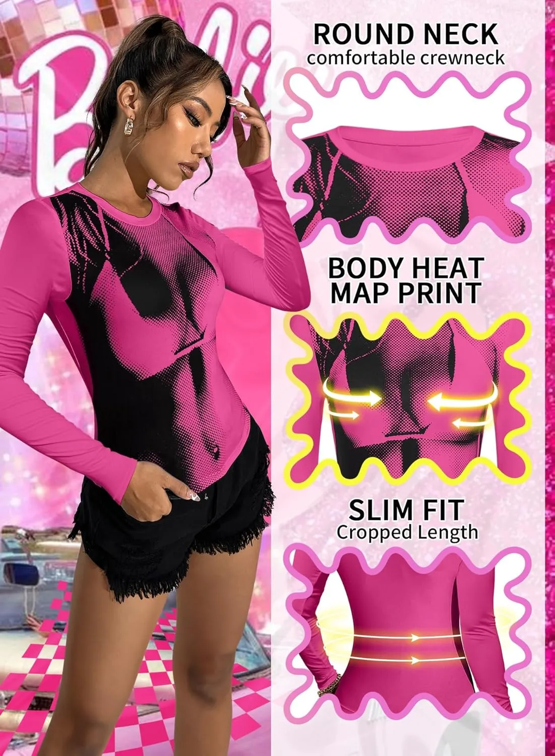 Women's 3D Body Print Crop Tops - Y2k Bikini Boob Graphic Tee Shirt Aesthetic Heat Map Sexy Festival Concert Outfit