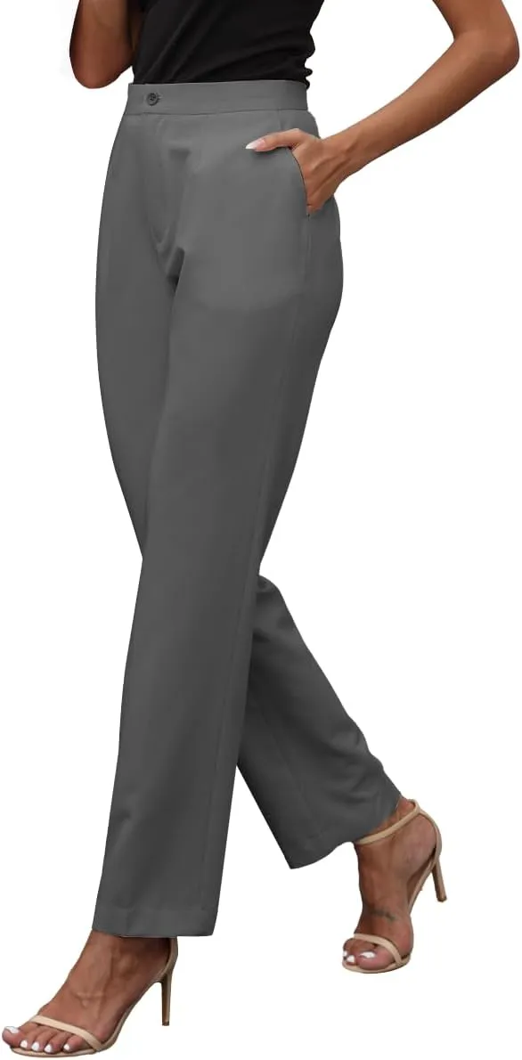 Womens Dress Pants High Stretch Straight Leg Black Pants for Work Business Casual with Pockets
