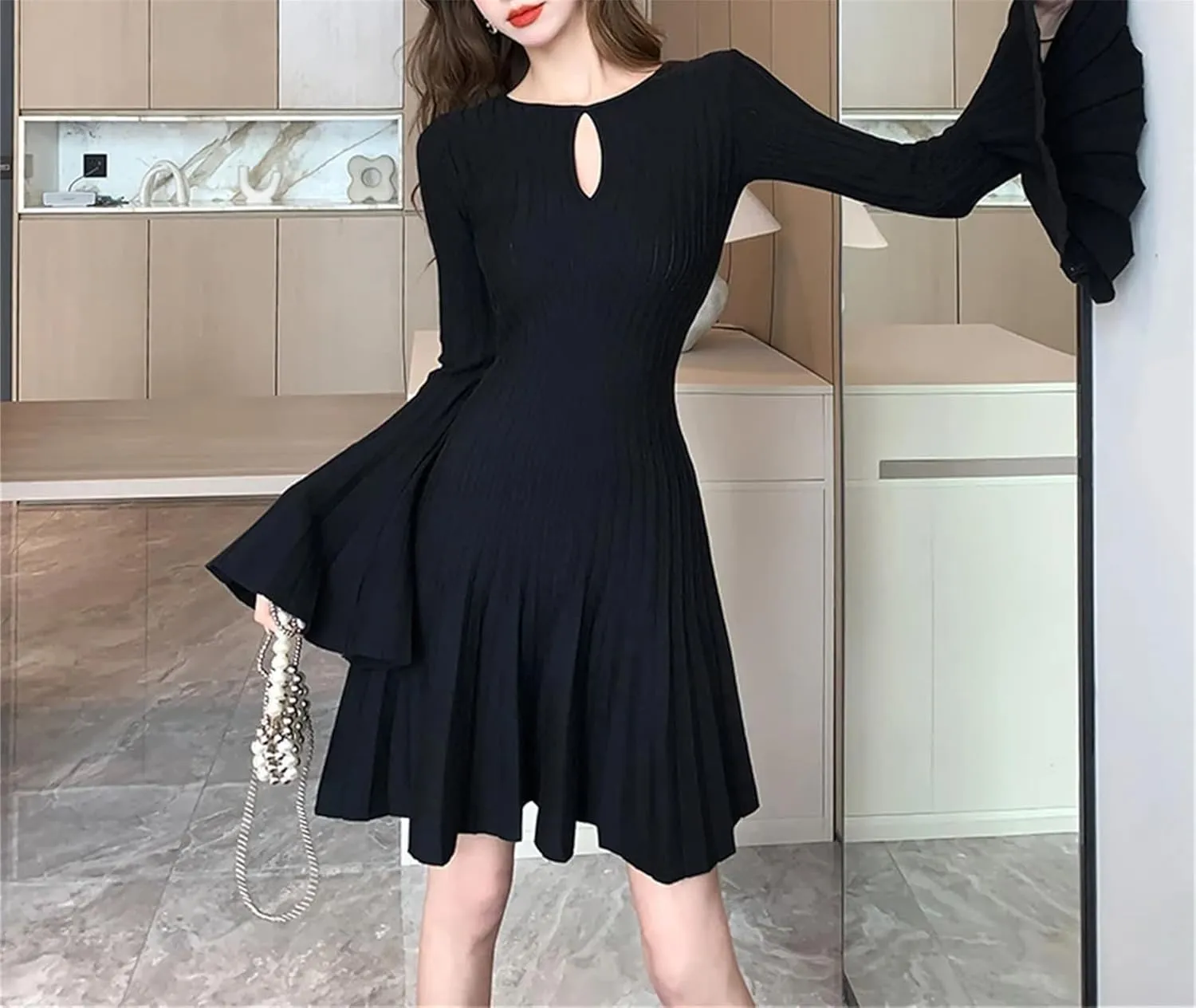 Women's Hollow Out Knit Dress - O-Neck Flare Sleeve Slim Pleated Party Dress