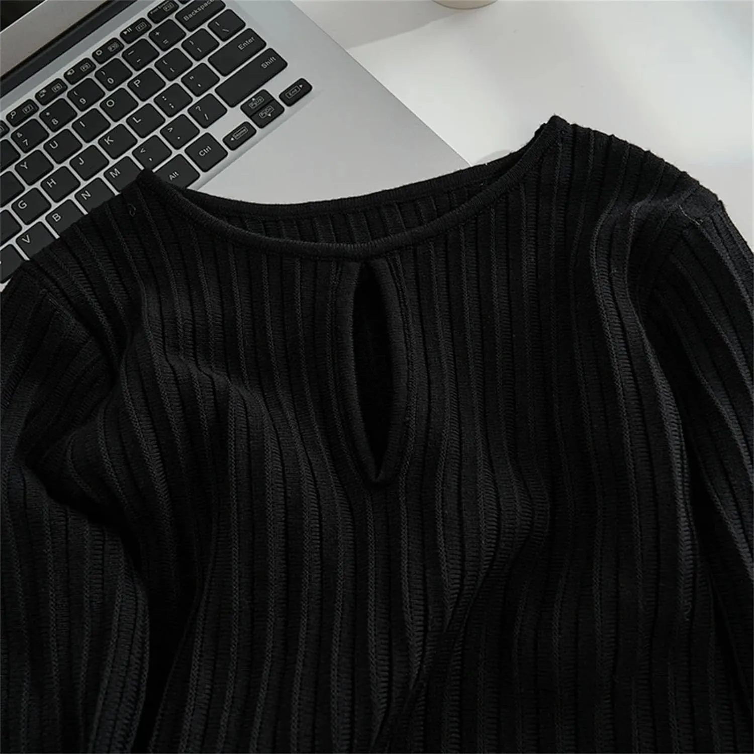 Women's Hollow Out Knit Dress - O-Neck Flare Sleeve Slim Pleated Party Dress