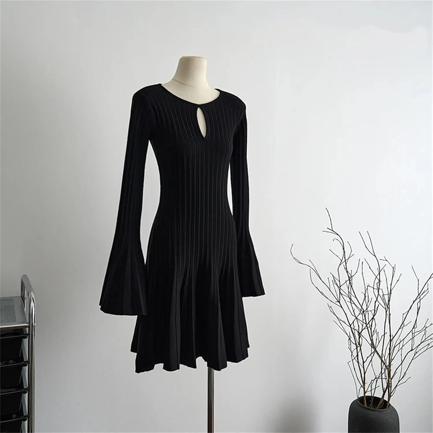 Women's Hollow Out Knit Dress - O-Neck Flare Sleeve Slim Pleated Party Dress