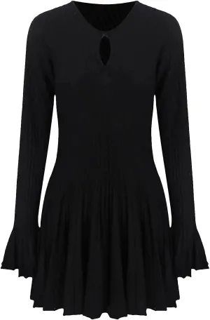 Women's Hollow Out Knit Dress - O-Neck Flare Sleeve Slim Pleated Party Dress