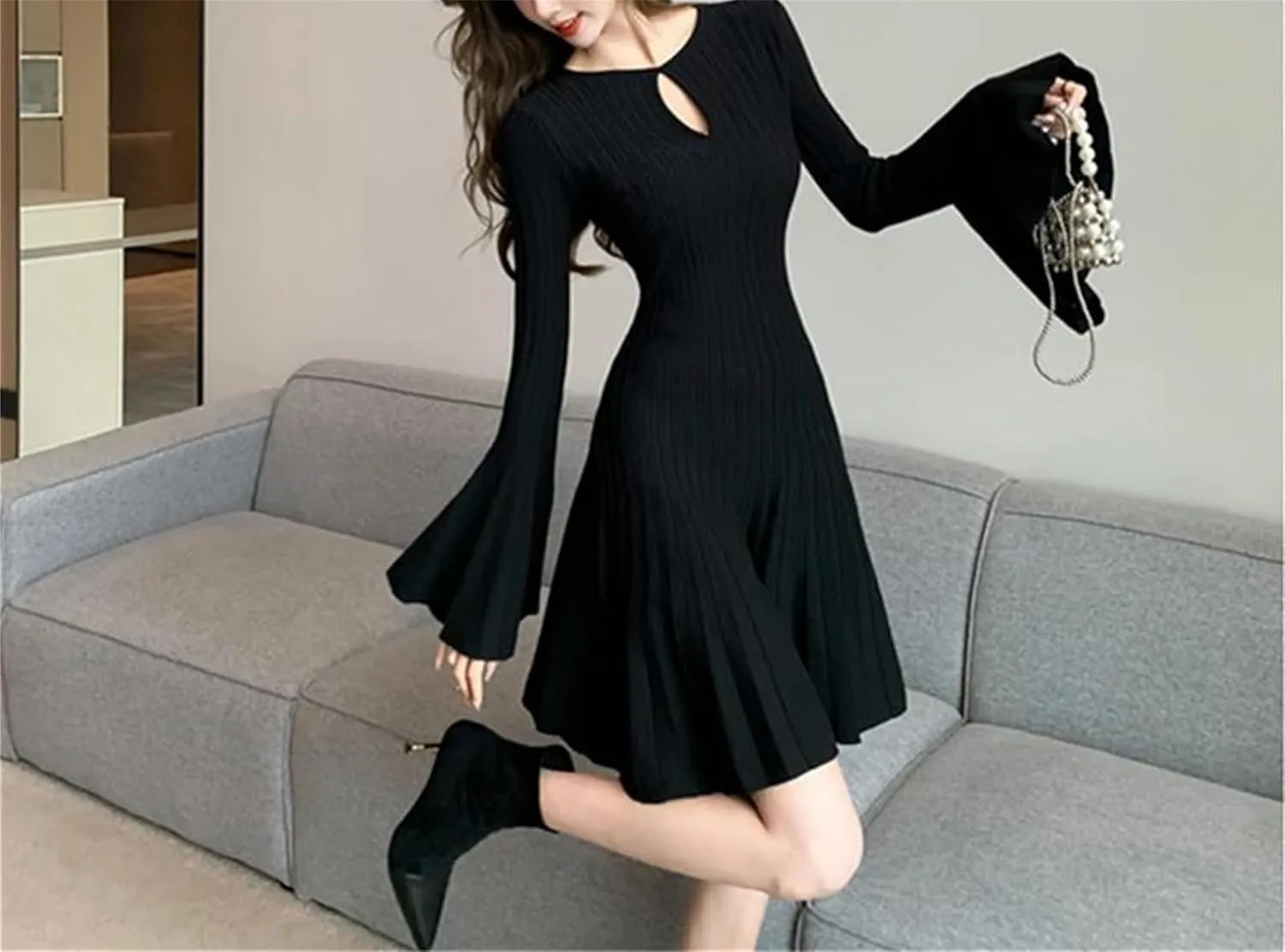Women's Hollow Out Knit Dress - O-Neck Flare Sleeve Slim Pleated Party Dress