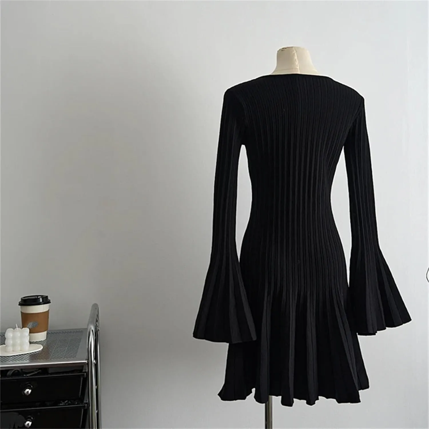Women's Hollow Out Knit Dress - O-Neck Flare Sleeve Slim Pleated Party Dress