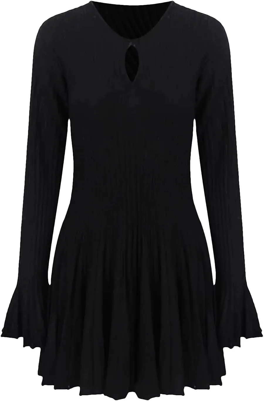 Women's Hollow Out Knit Dress - O-Neck Flare Sleeve Slim Pleated Party Dress