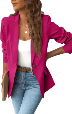 Women's Minimalist Solid Button Lapel Collar Blazer, Front Opening Casual Long Sleeve Blazer with Pockets