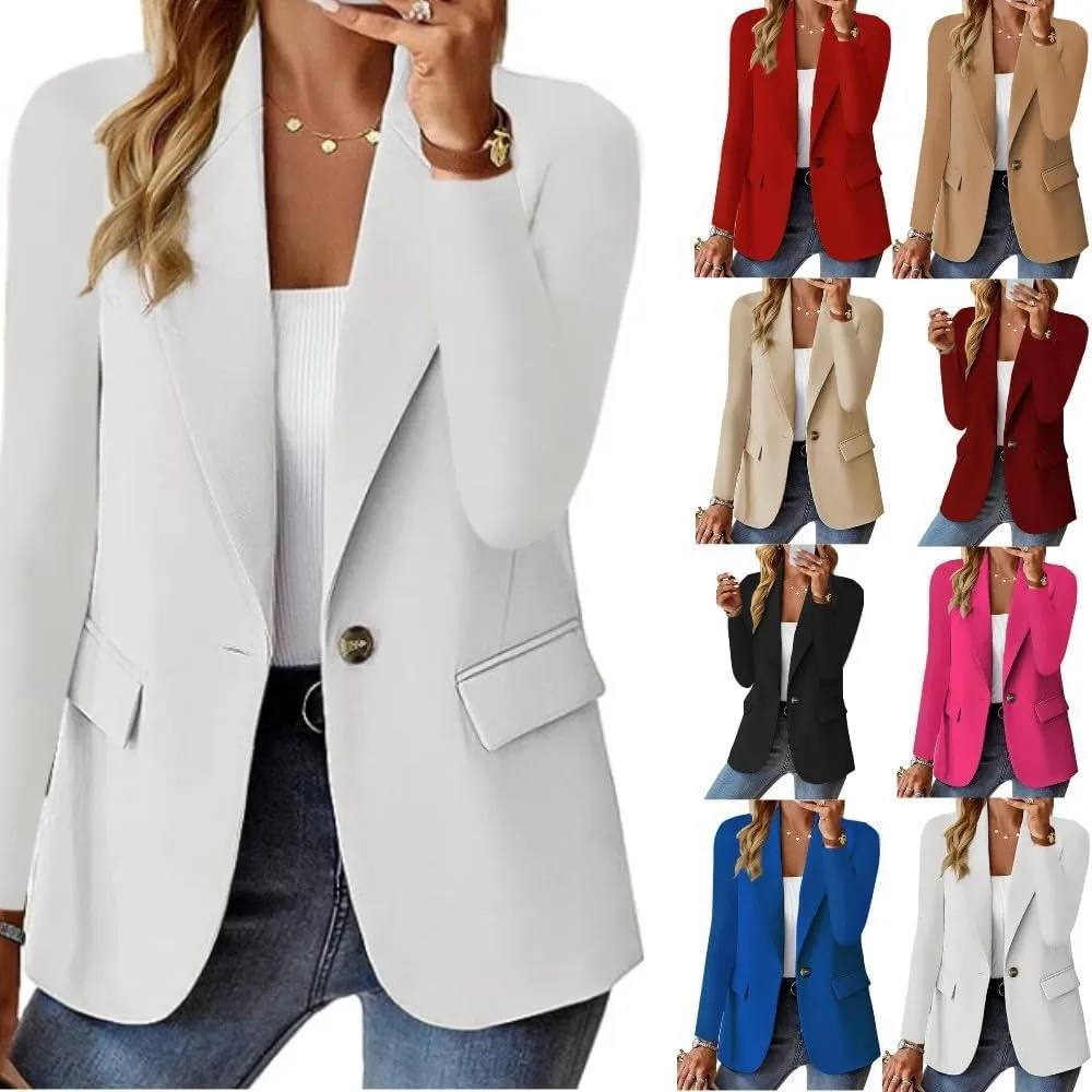 Women's Minimalist Solid Button Lapel Collar Blazer, Front Opening Casual Long Sleeve Blazer with Pockets