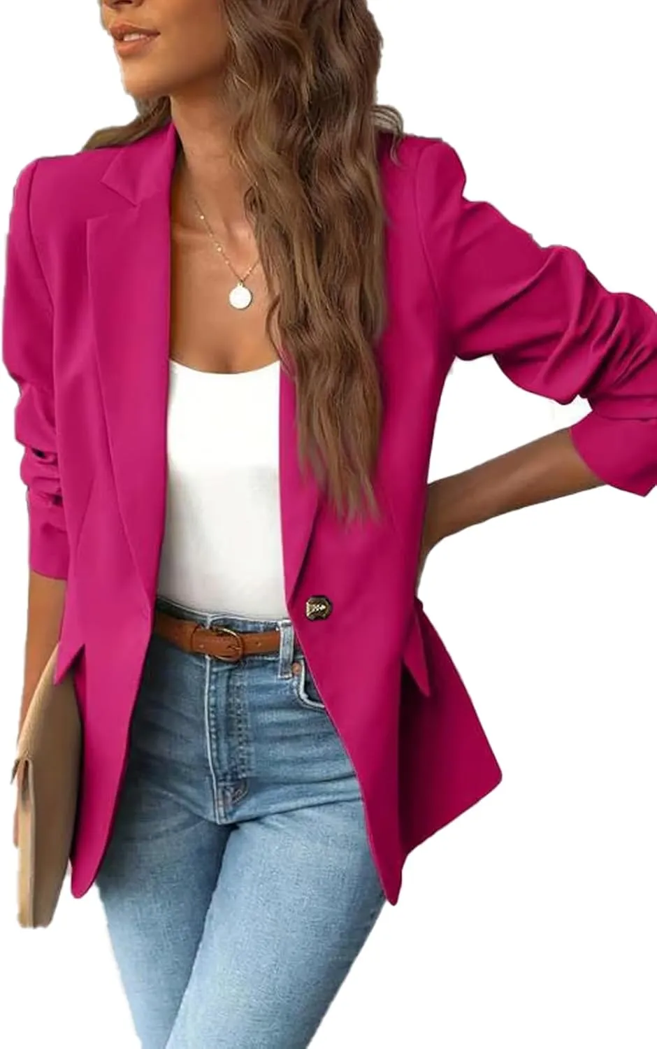Women's Minimalist Solid Button Lapel Collar Blazer, Front Opening Casual Long Sleeve Blazer with Pockets
