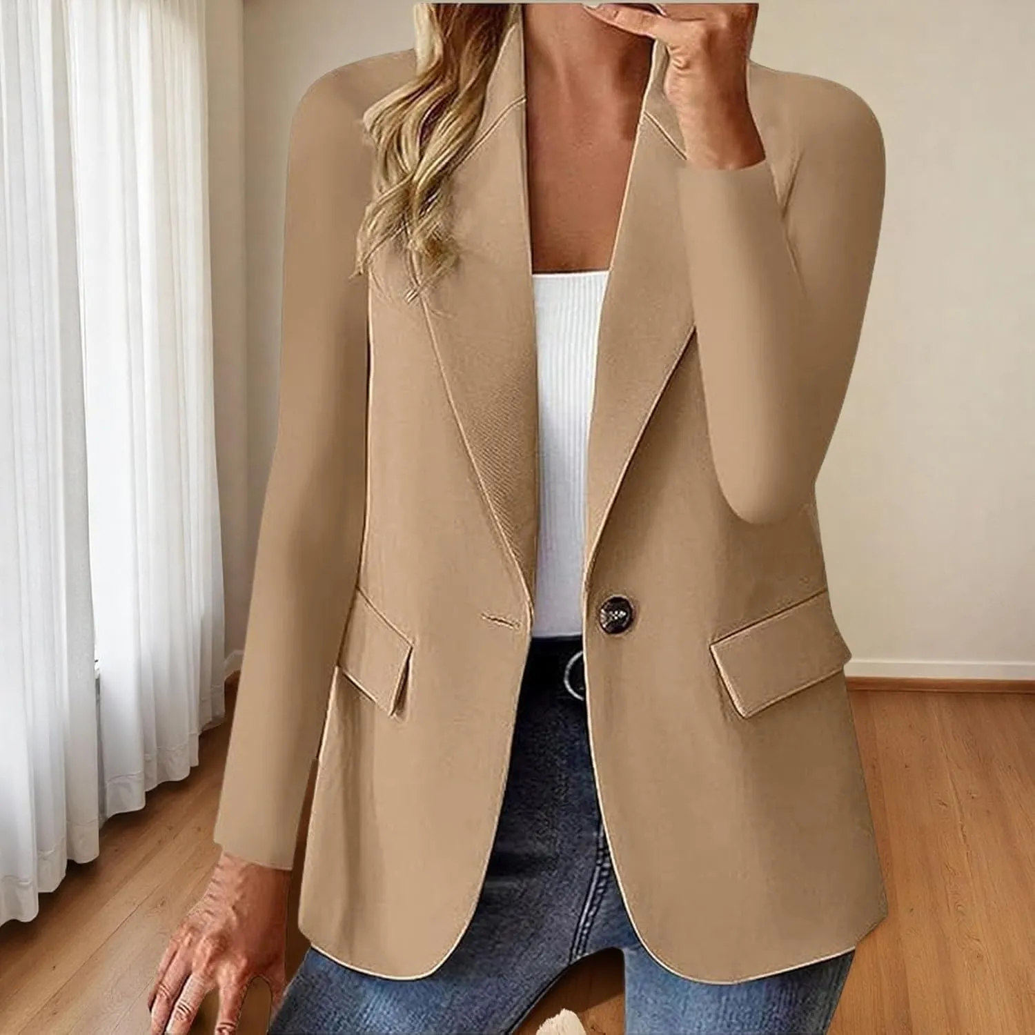 Women's Minimalist Solid Button Lapel Collar Blazer, Front Opening Casual Long Sleeve Blazer with Pockets