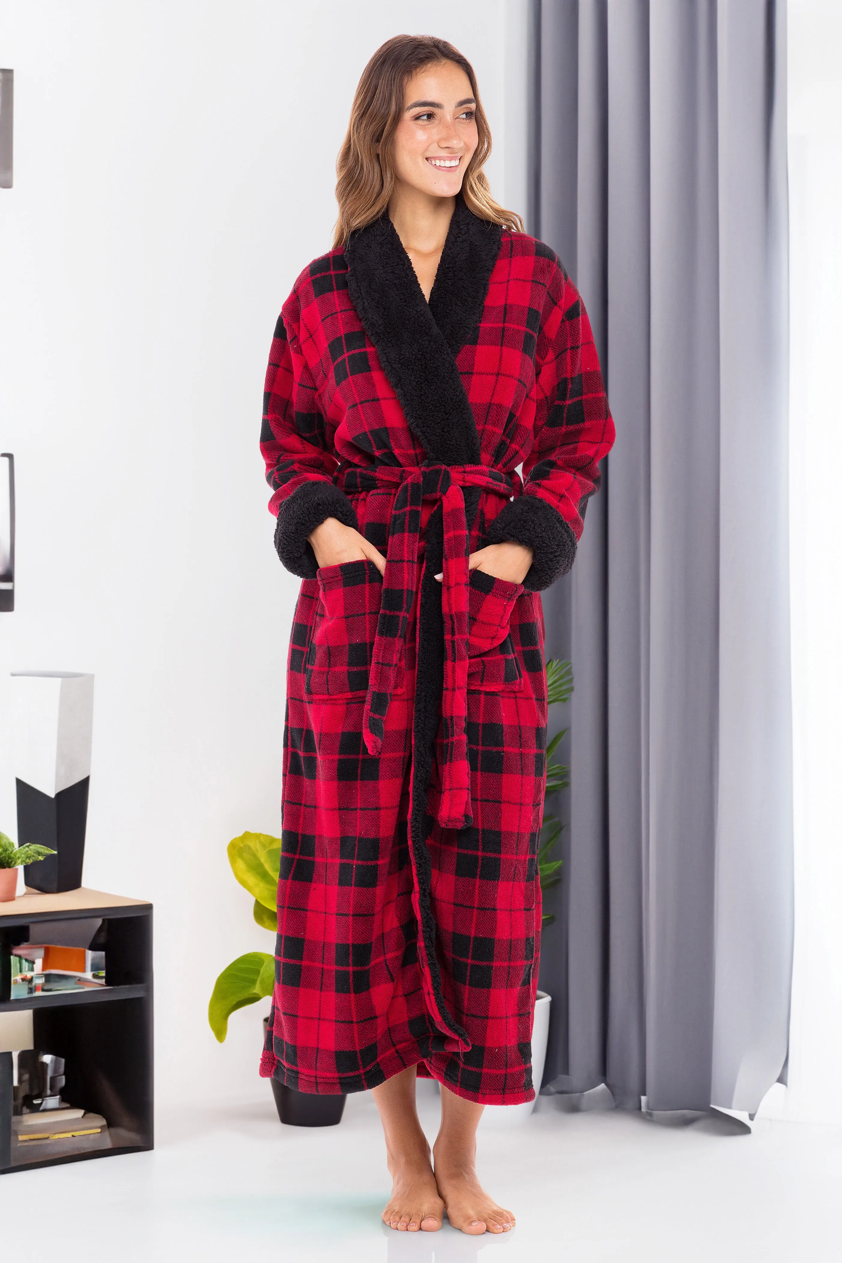 Women's Plush Sherpa Robe, Long Cozy Warm Bathrobe