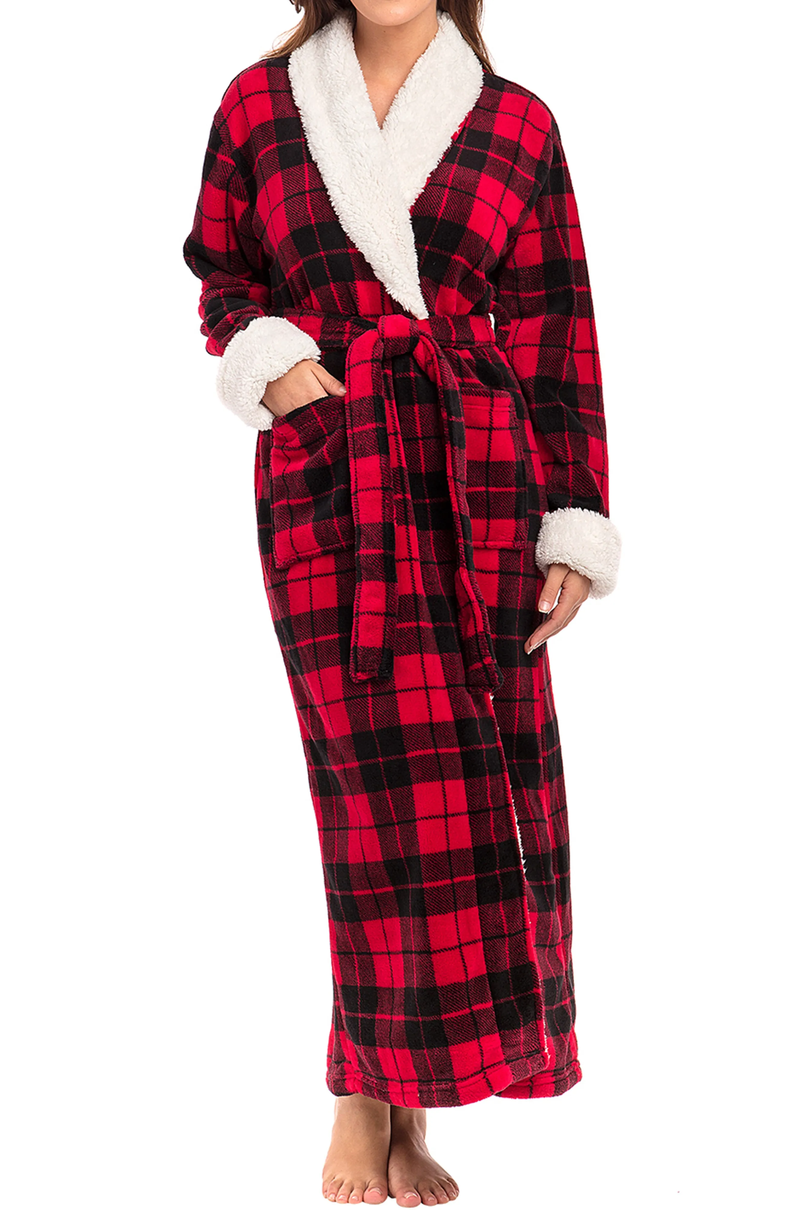 Women's Plush Sherpa Robe, Long Cozy Warm Bathrobe