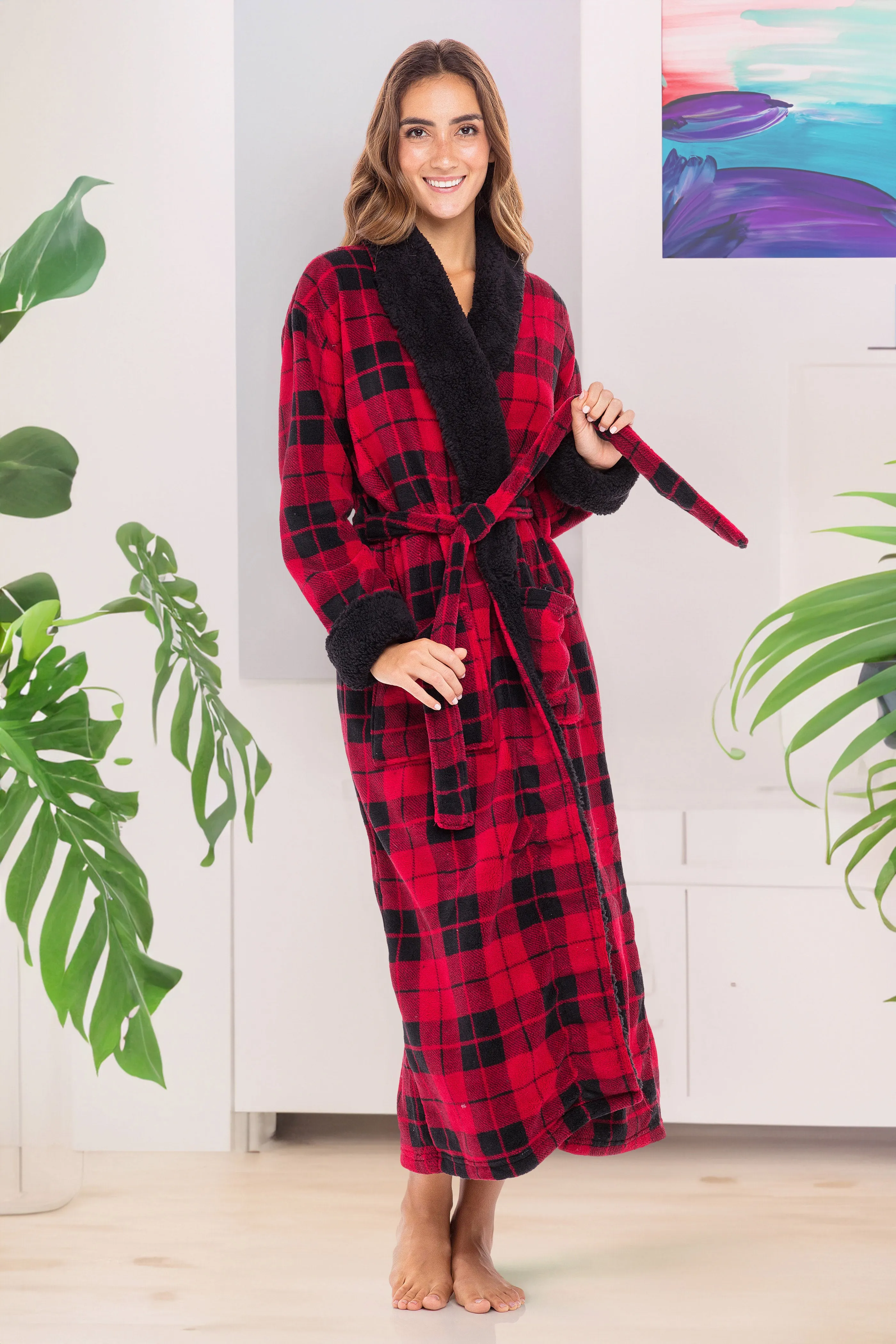 Women's Plush Sherpa Robe, Long Cozy Warm Bathrobe