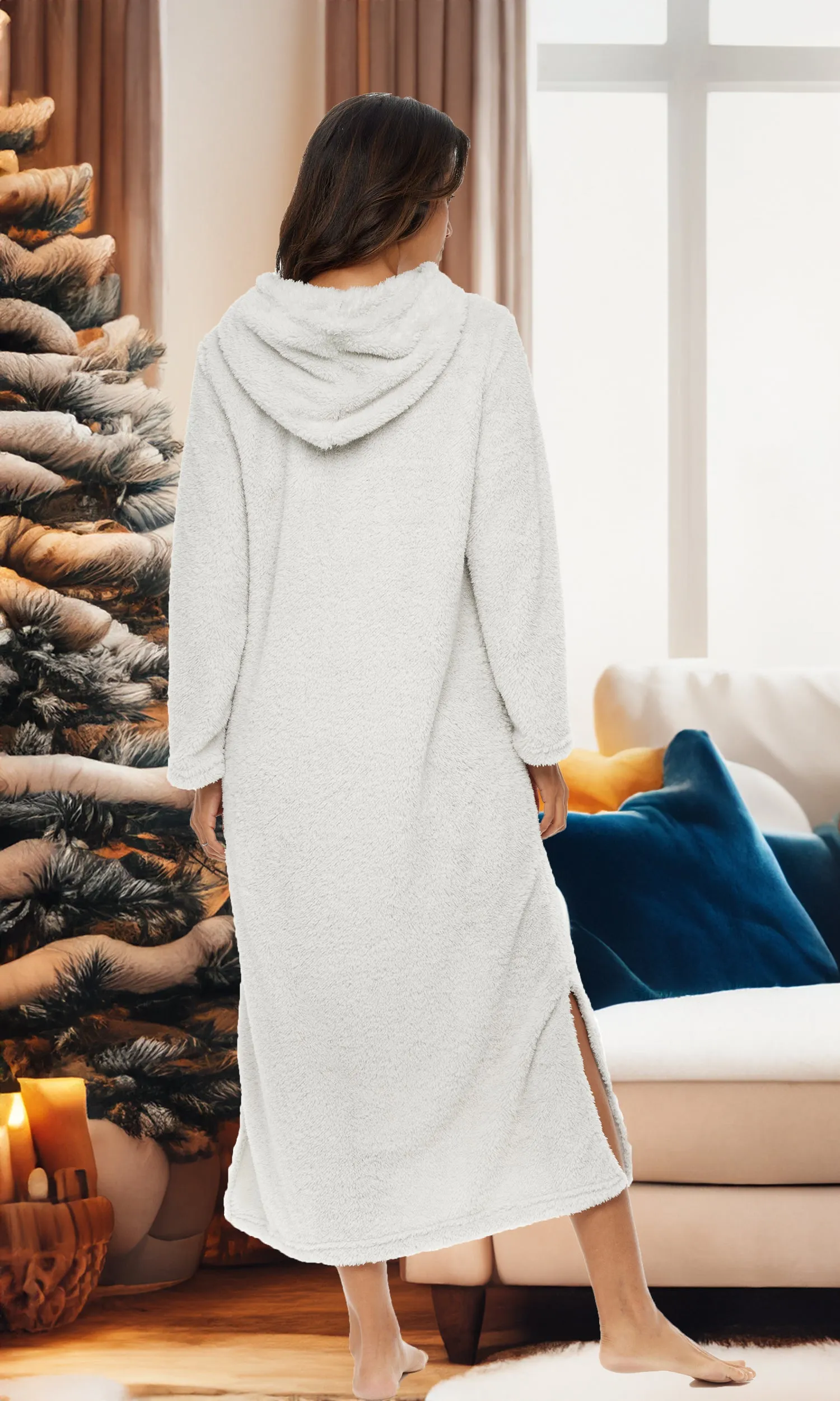 Women's Plush Sweatshirt Robe with Pockets, Long Hooded Fleece Duster Kaftan