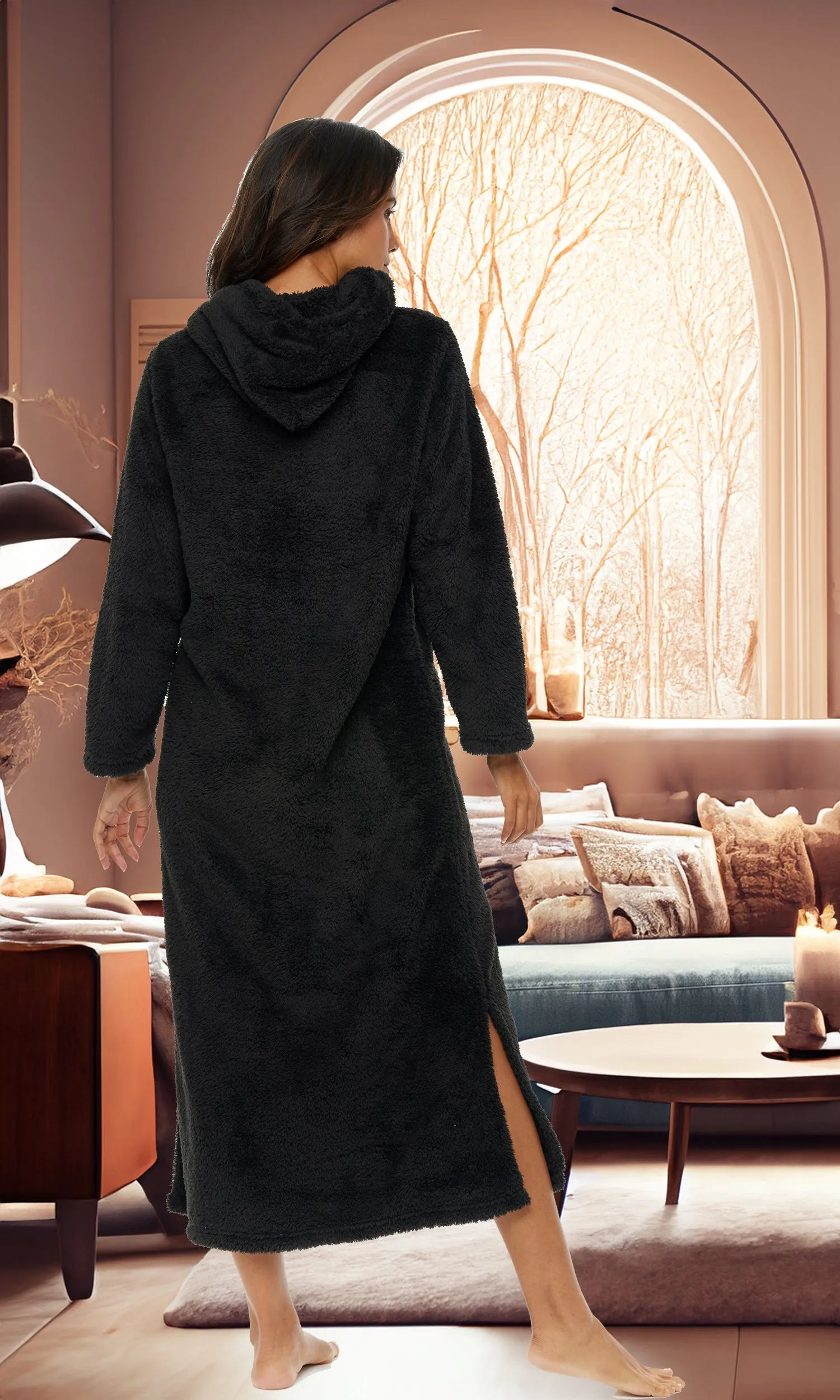 Women's Plush Sweatshirt Robe with Pockets, Long Hooded Fleece Duster Kaftan