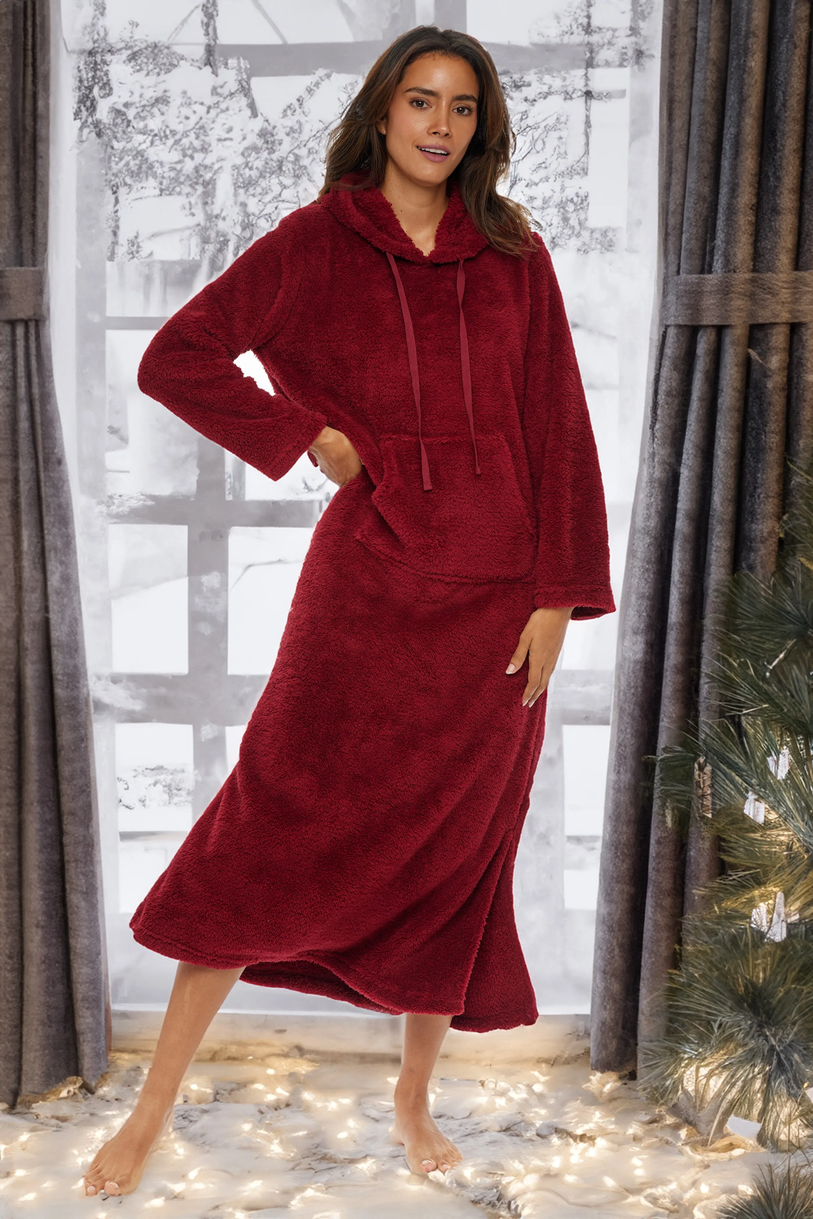 Women's Plush Sweatshirt Robe with Pockets, Long Hooded Fleece Duster Kaftan