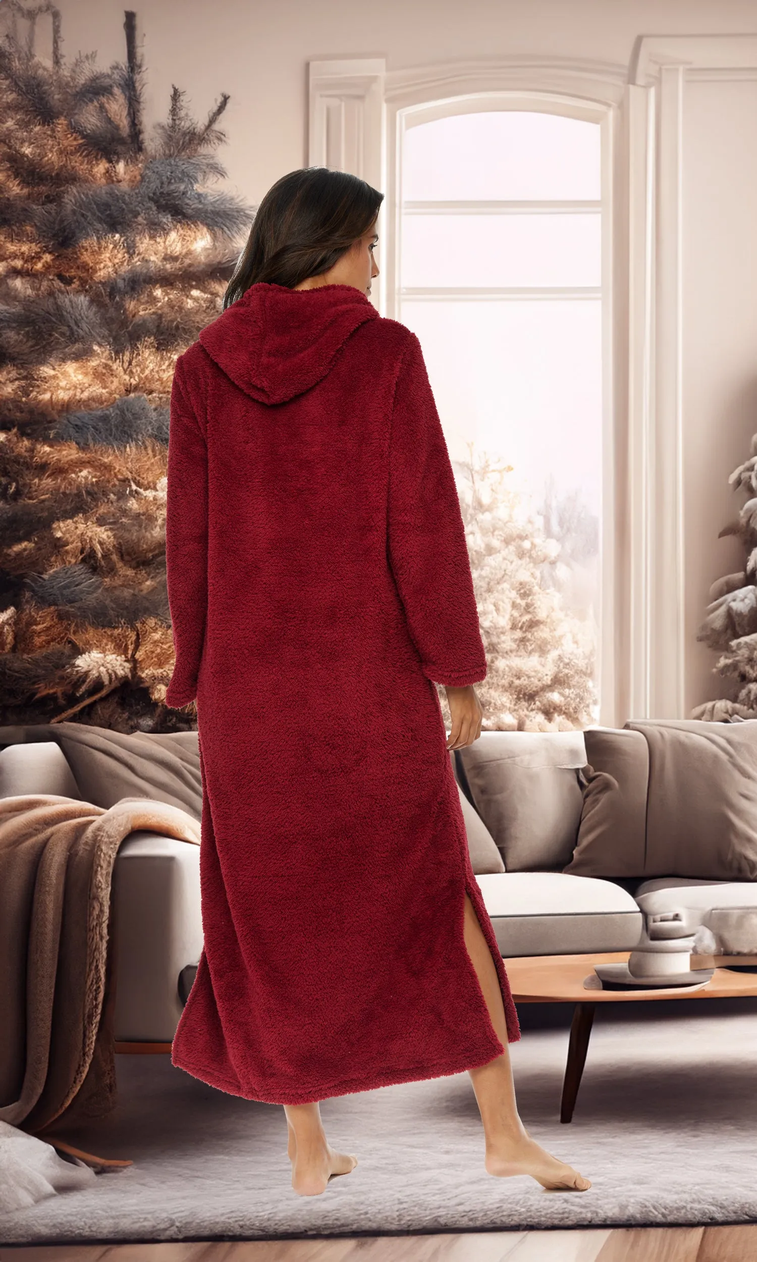 Women's Plush Sweatshirt Robe with Pockets, Long Hooded Fleece Duster Kaftan