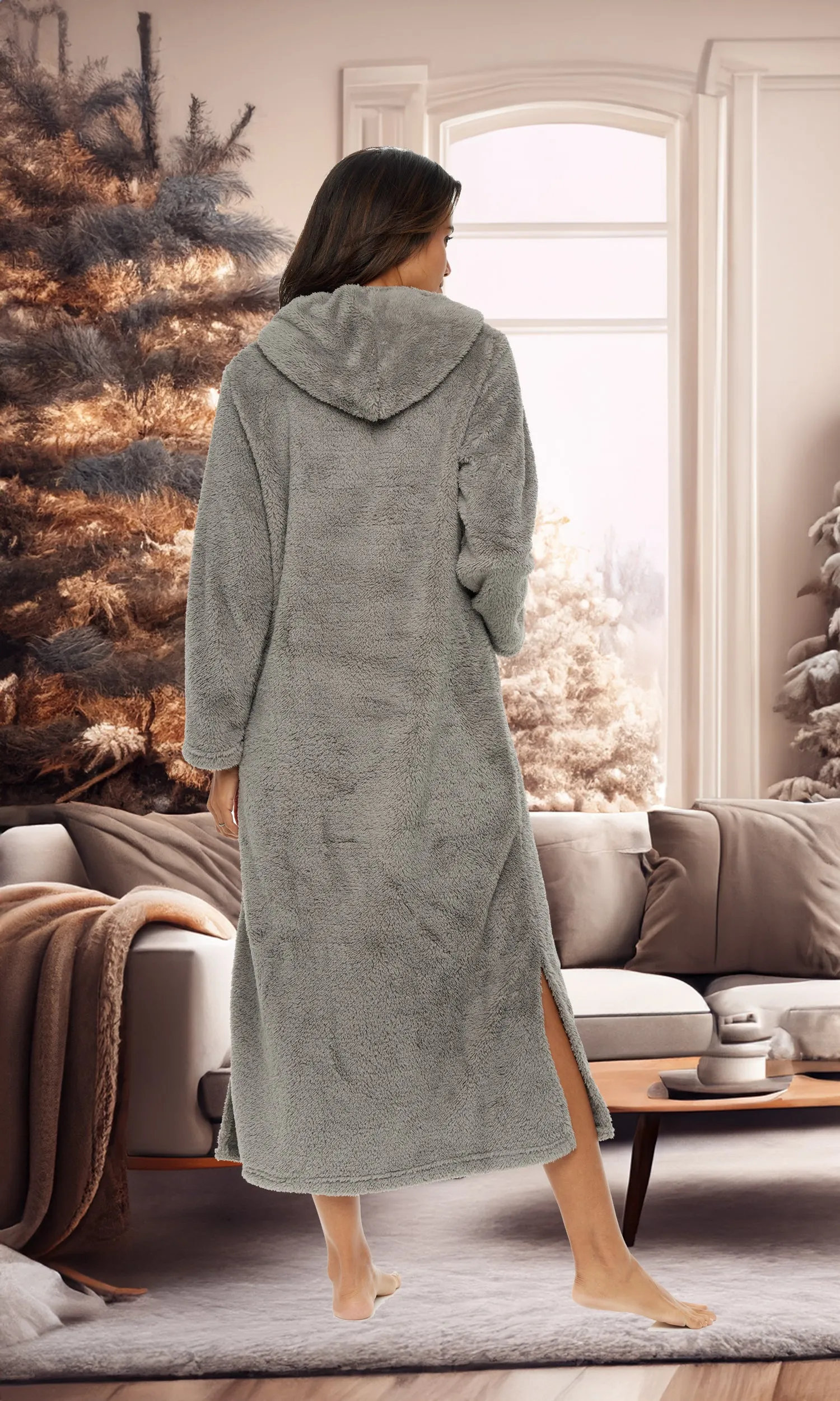 Women's Plush Sweatshirt Robe with Pockets, Long Hooded Fleece Duster Kaftan