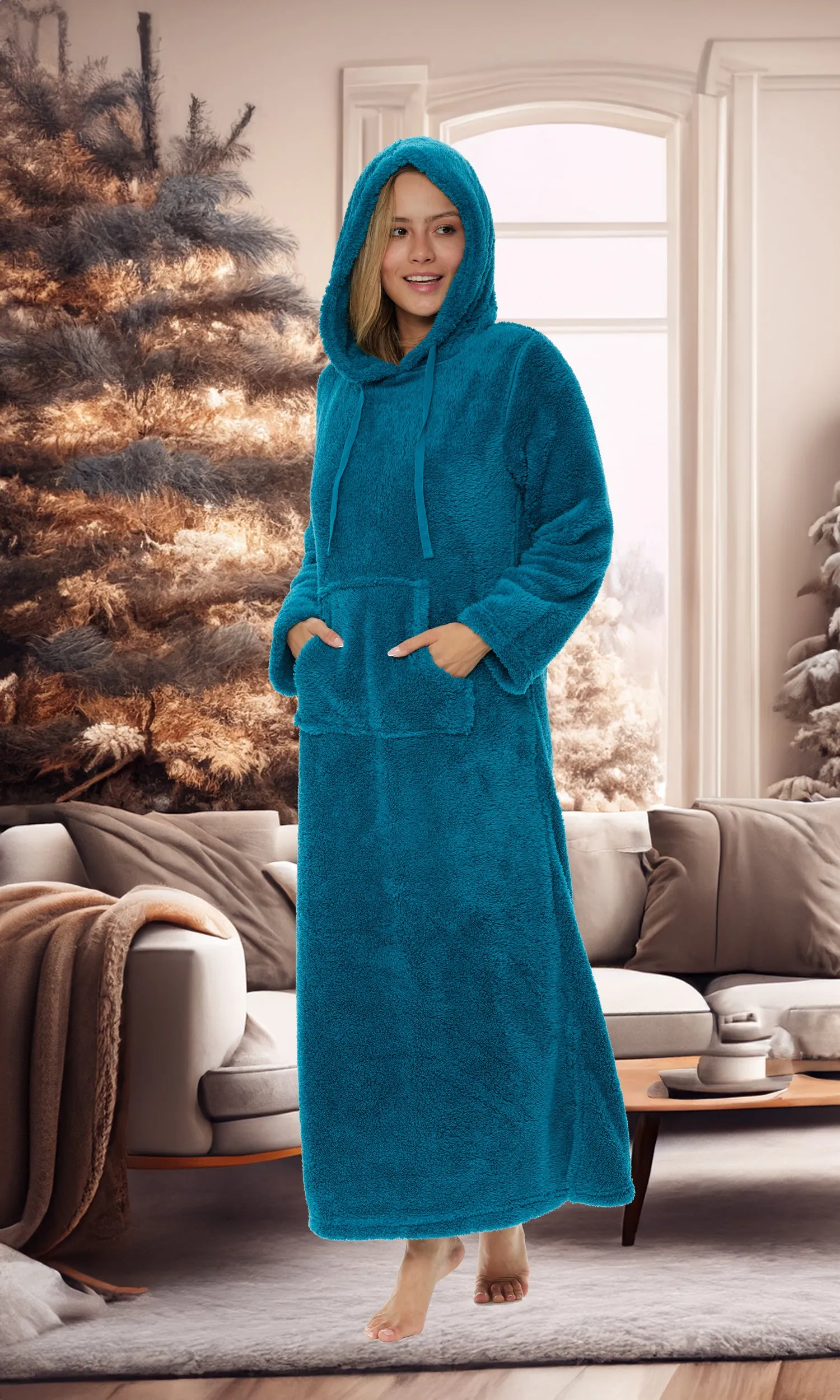Women's Plush Sweatshirt Robe with Pockets, Long Hooded Fleece Duster Kaftan