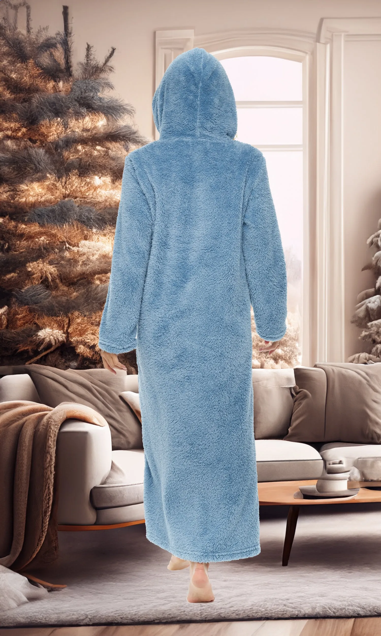 Women's Plush Sweatshirt Robe with Pockets, Long Hooded Fleece Duster Kaftan