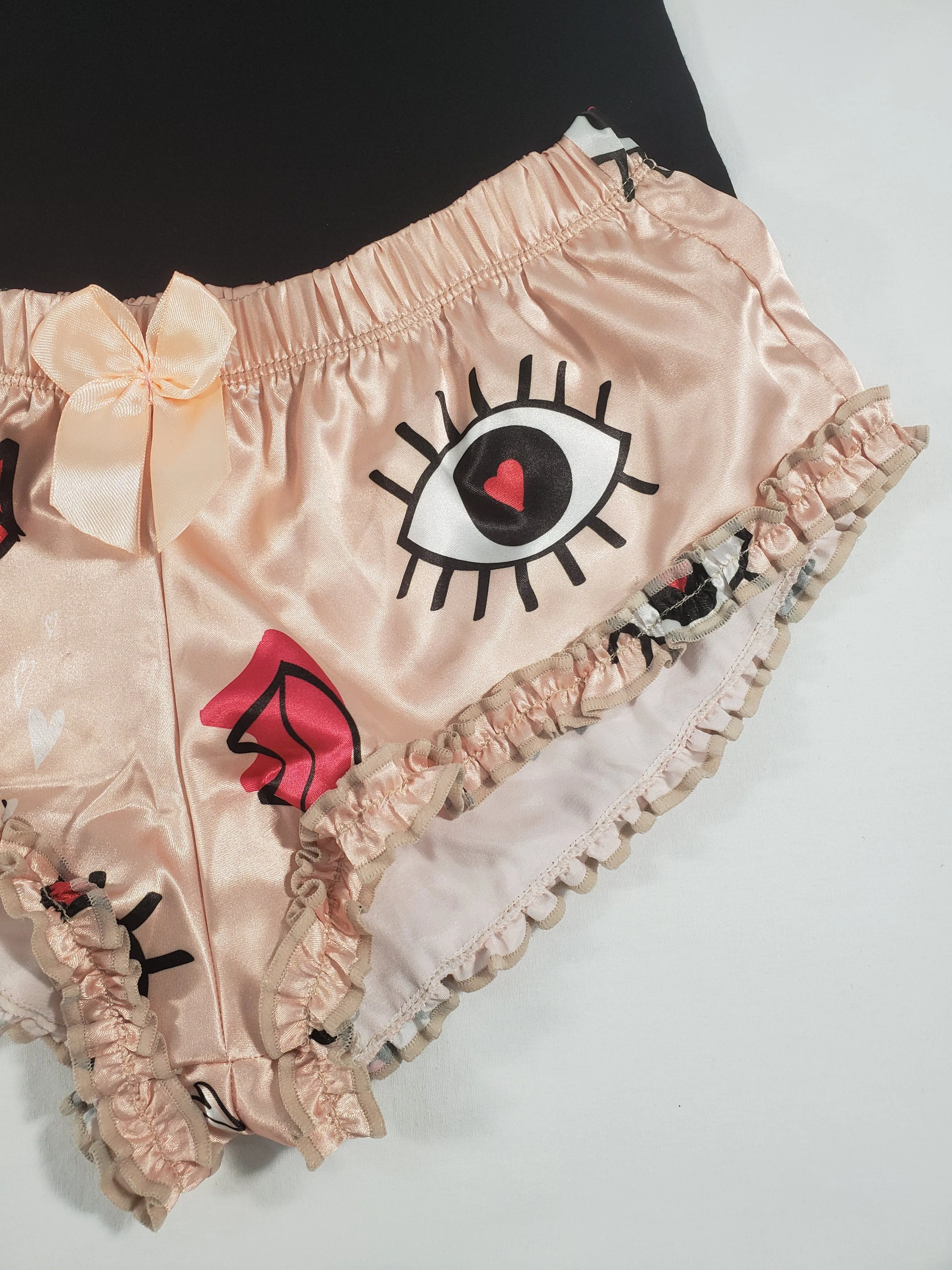 Women's Sexy pajama beige satin shorts lips and eyes theme black blouse