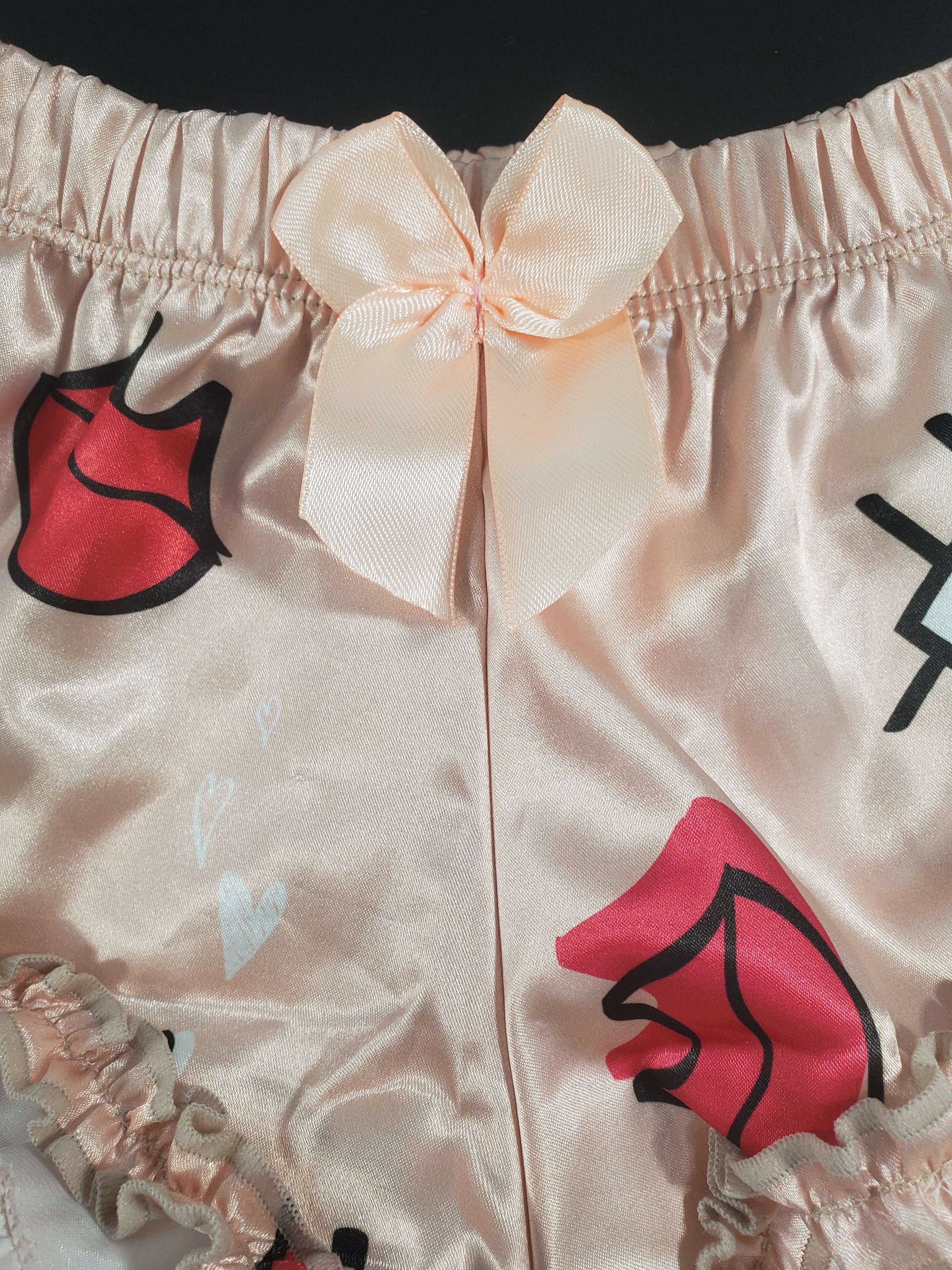 Women's Sexy pajama beige satin shorts lips and eyes theme black blouse