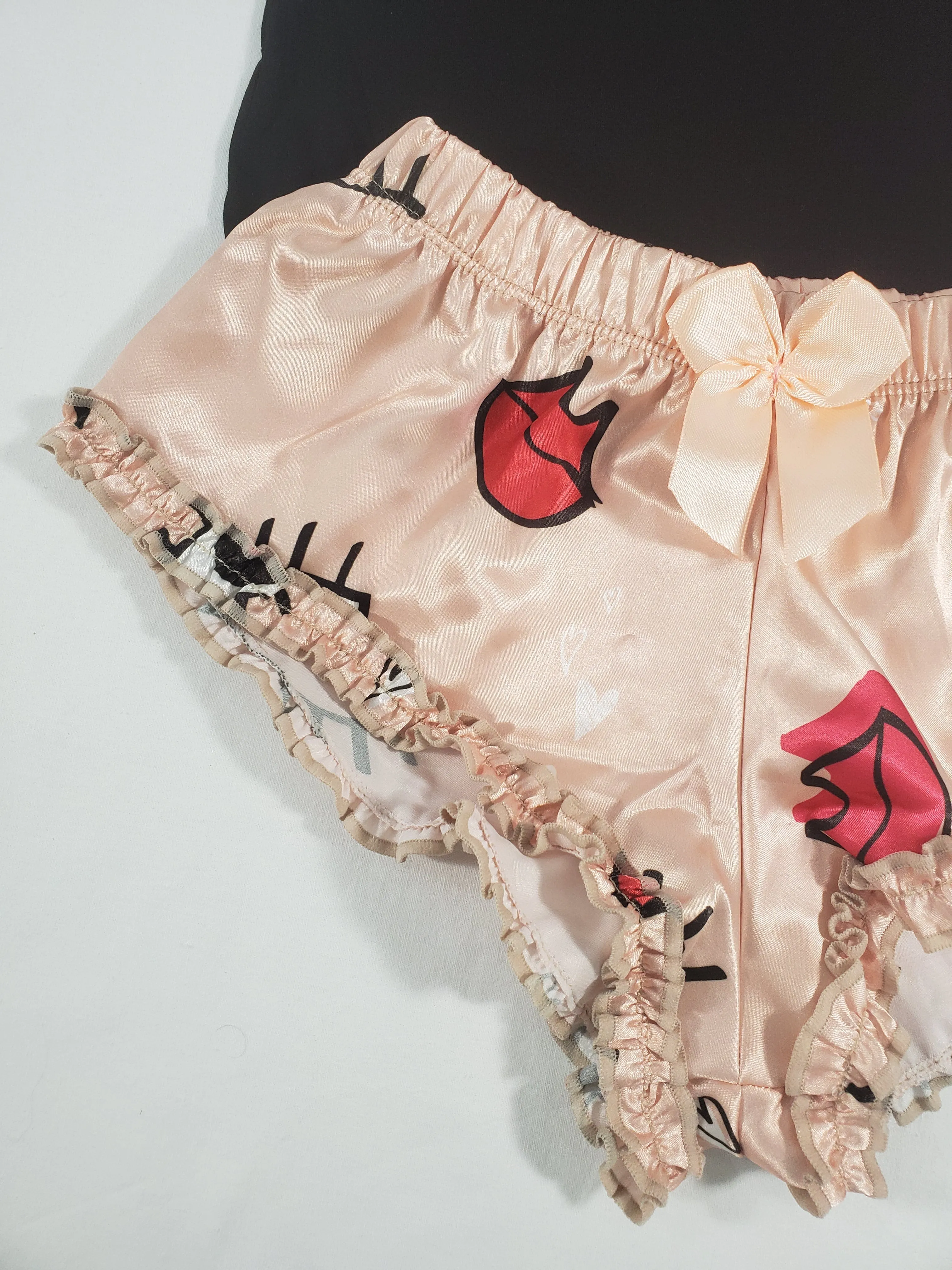 Women's Sexy pajama beige satin shorts lips and eyes theme black blouse
