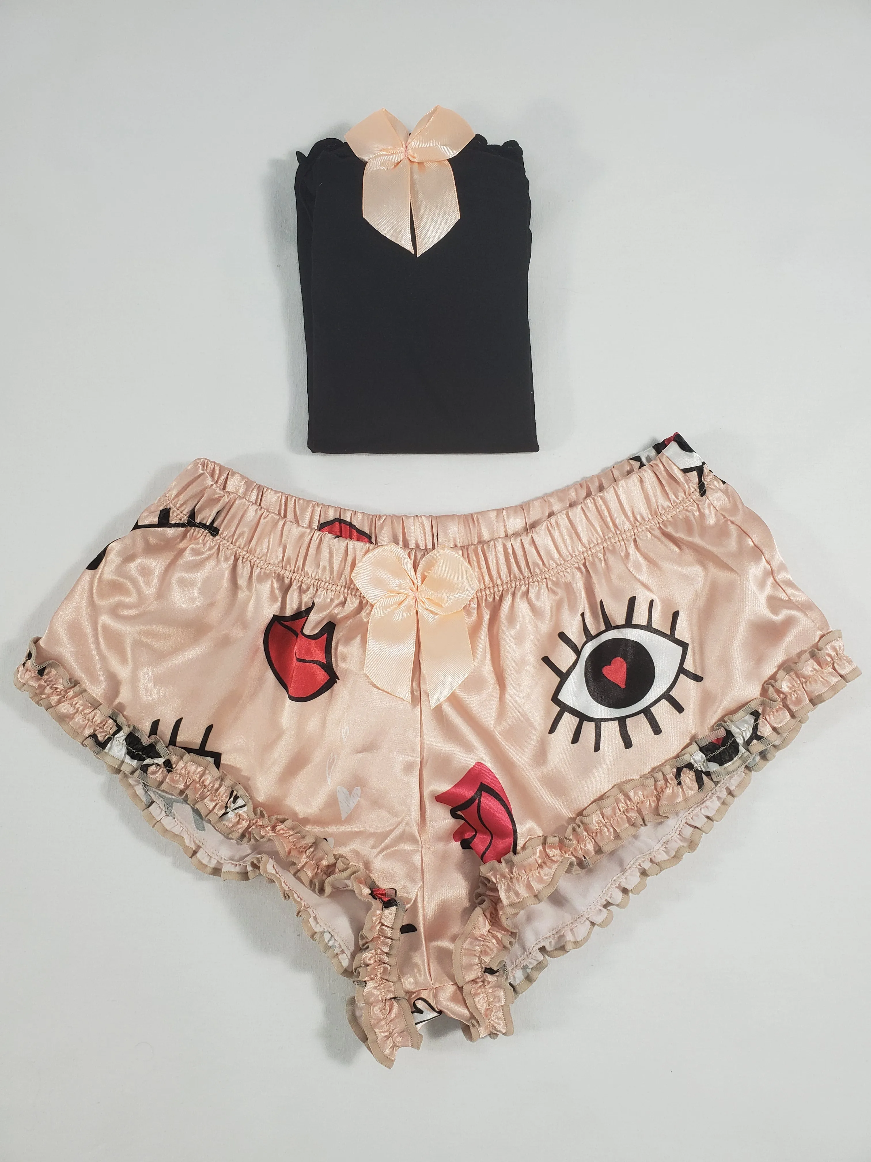 Women's Sexy pajama beige satin shorts lips and eyes theme black blouse