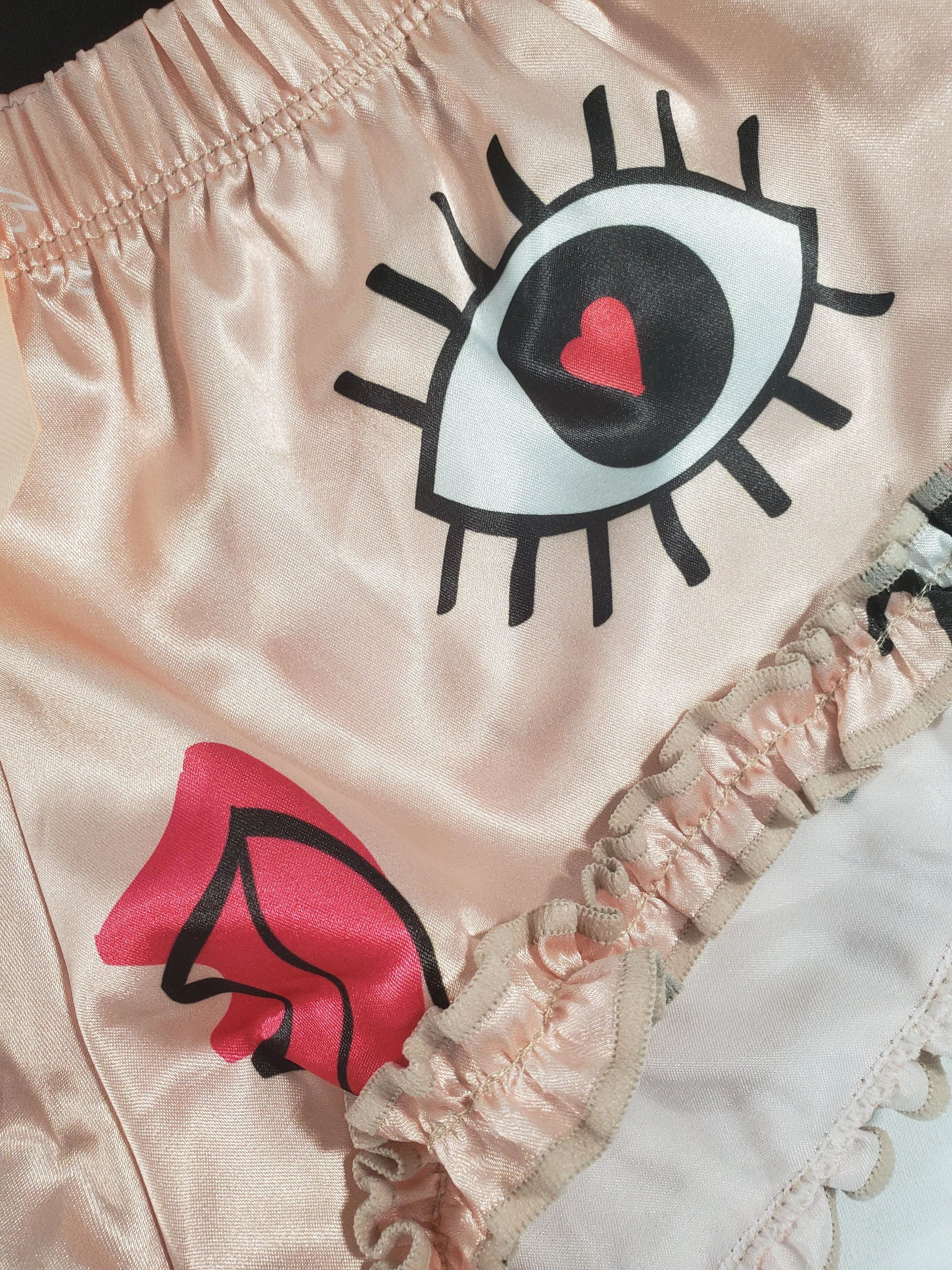 Women's Sexy pajama beige satin shorts lips and eyes theme black blouse