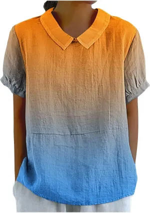 Womens Summer Tops Short Sleeved Creative Gradient Patchwork Color Cute Shirt T Shirt Shirts for Women Linen Blouses
