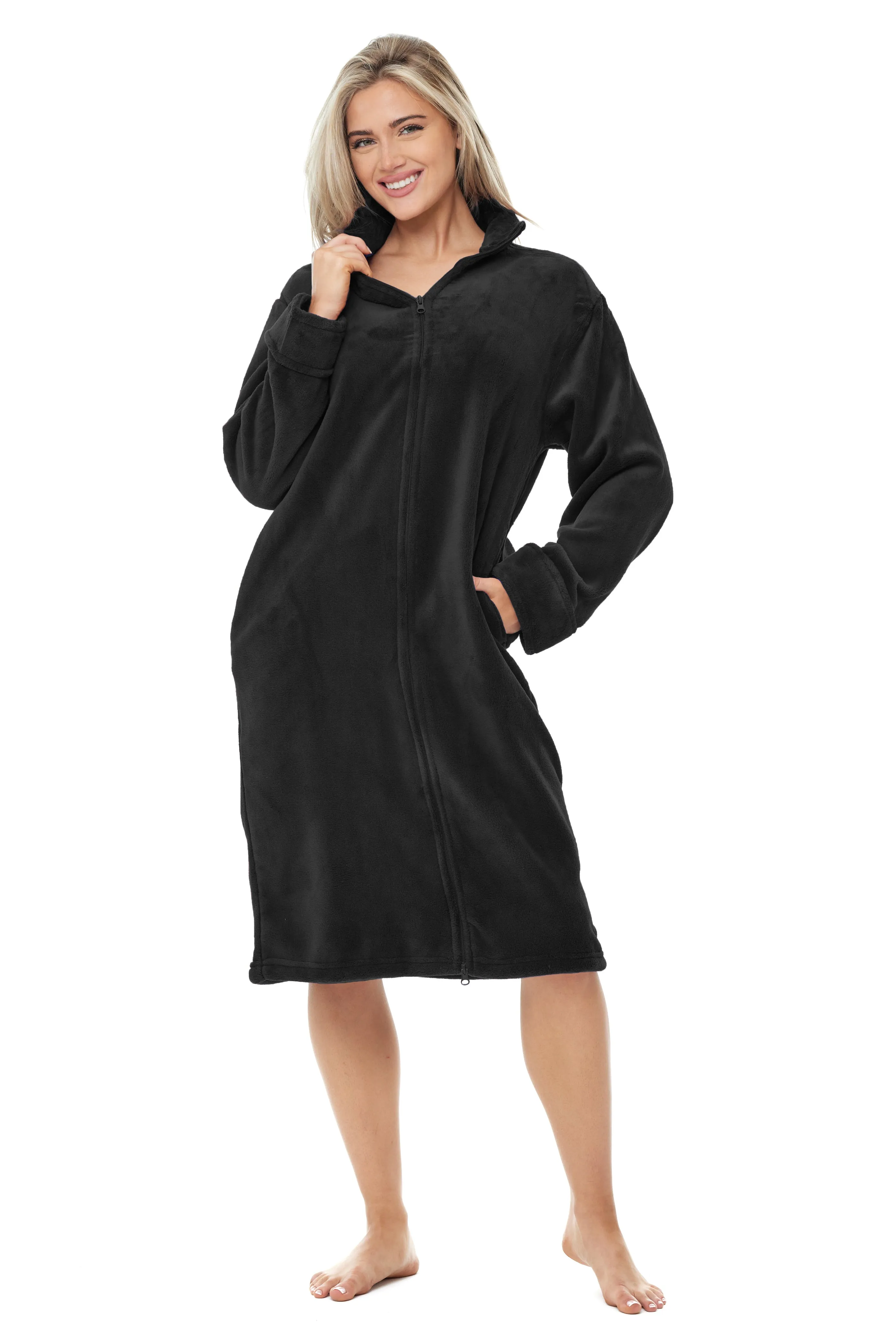 Women's Zip Up Plush Robe, Oversized Knee Length Bathrobe with Two Way Zipper