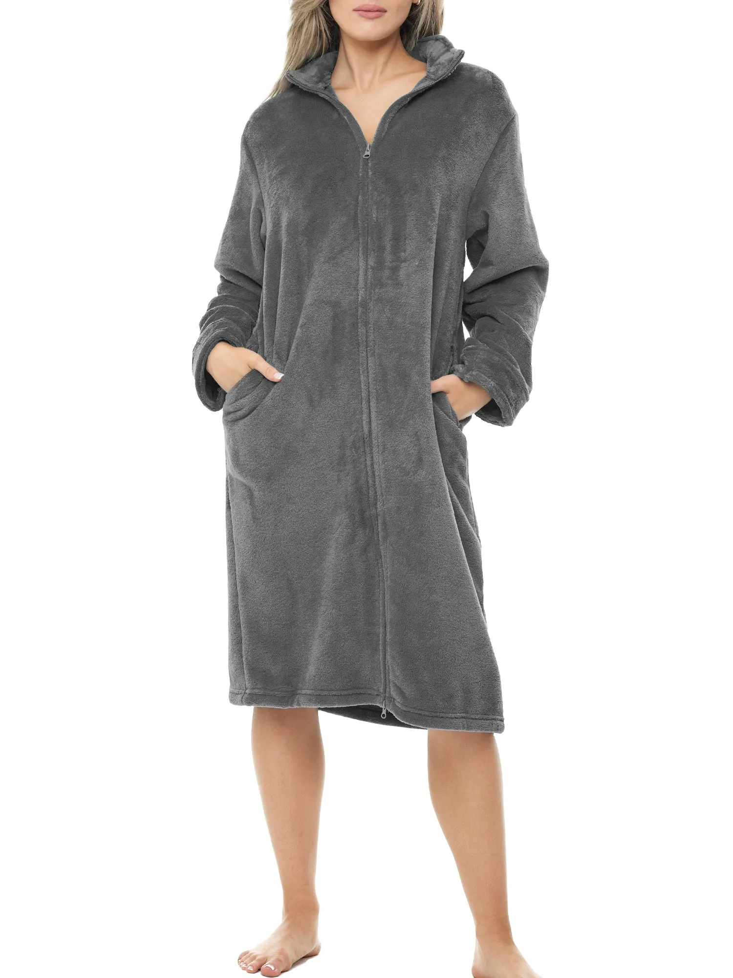 Women's Zip Up Plush Robe, Oversized Knee Length Bathrobe with Two Way Zipper