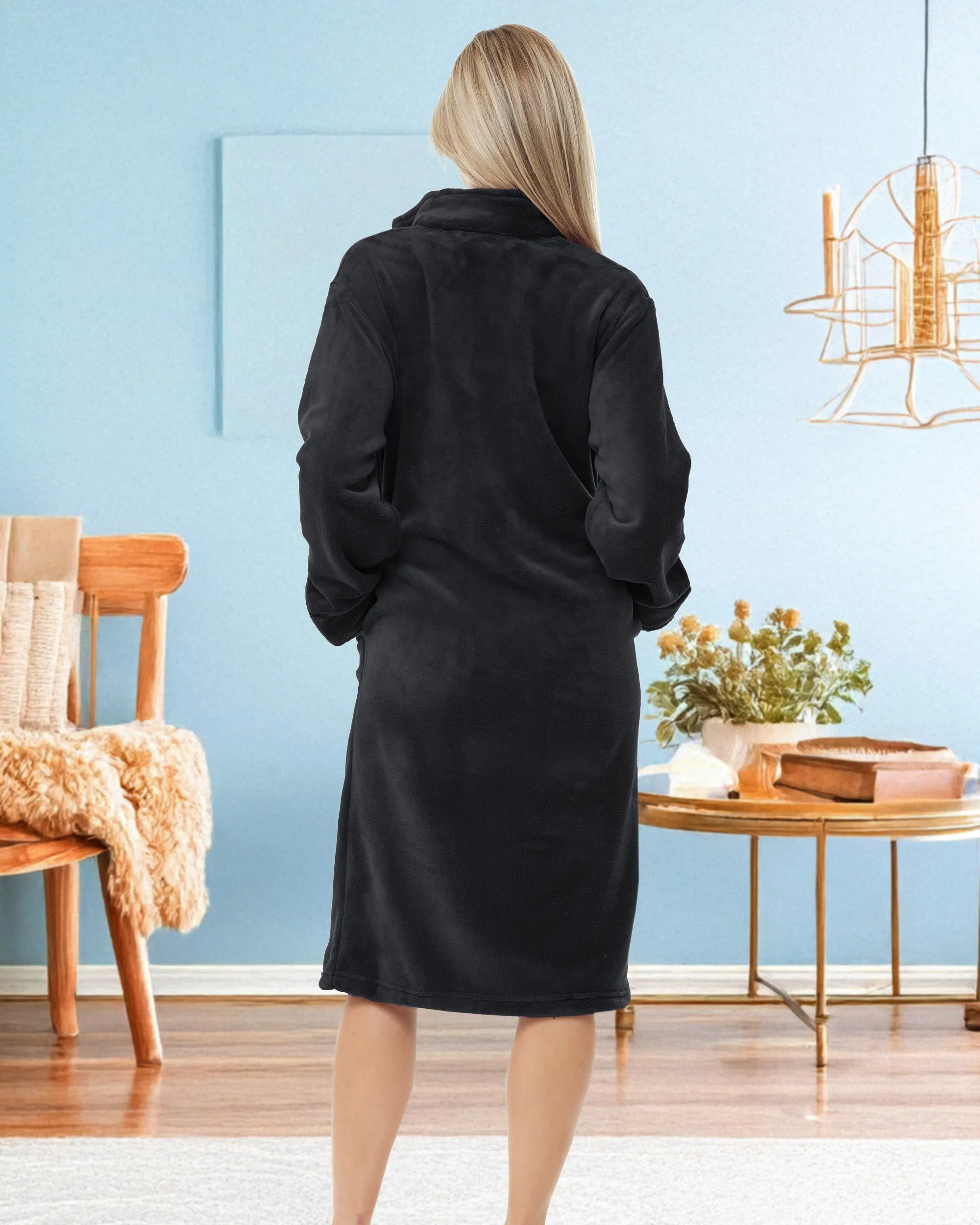 Women's Zip Up Plush Robe, Oversized Knee Length Bathrobe with Two Way Zipper