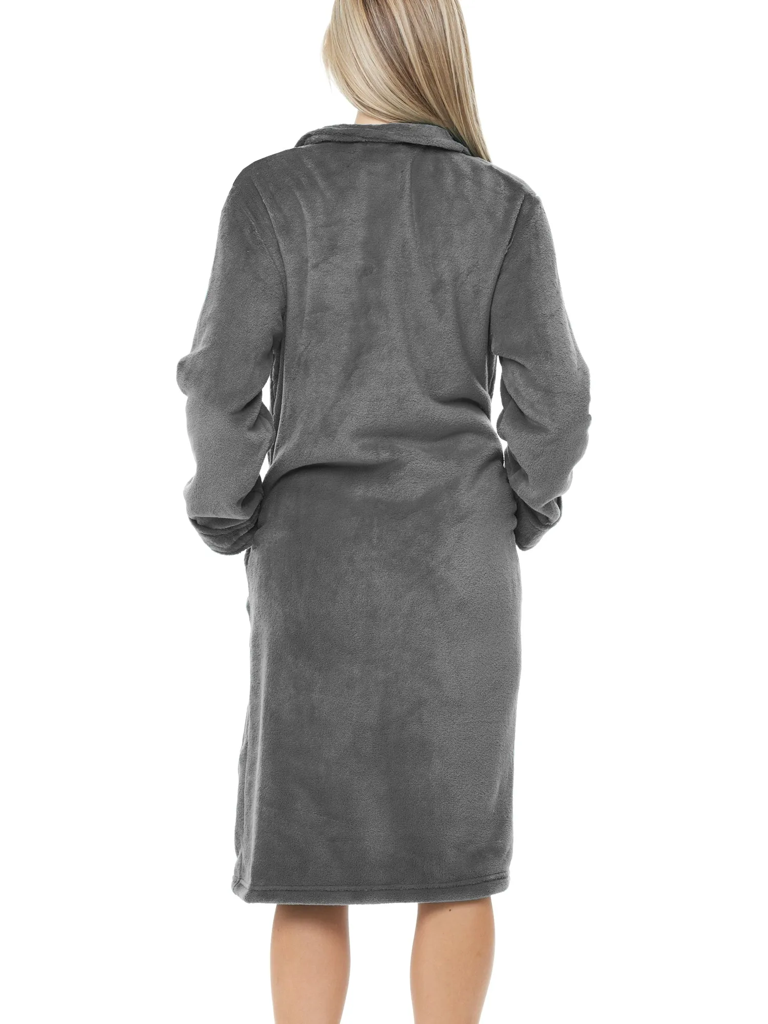 Women's Zip Up Plush Robe, Oversized Knee Length Bathrobe with Two Way Zipper