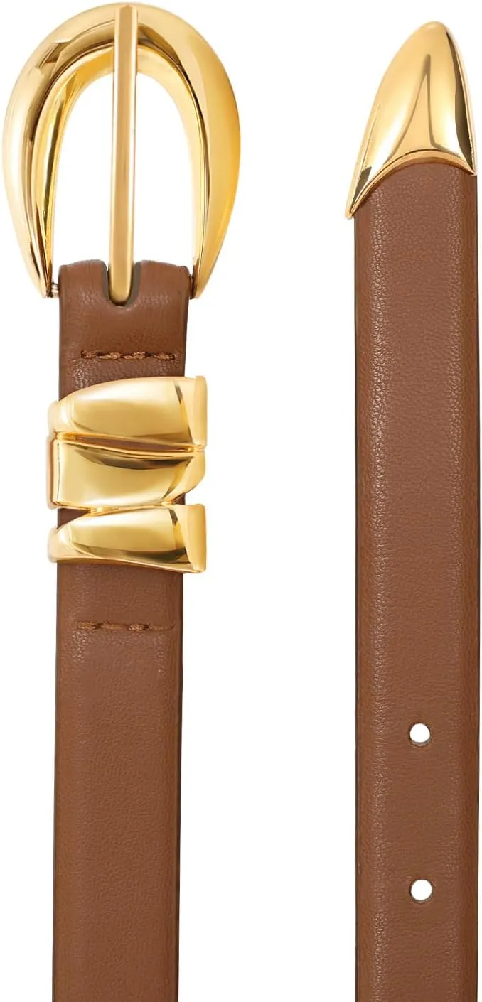 XZQTIVE Women's Skinny Leather Belts Ladies Thin Waist Belts for Jeans Dress Pants Trendy Black Belt with Gold Buckle