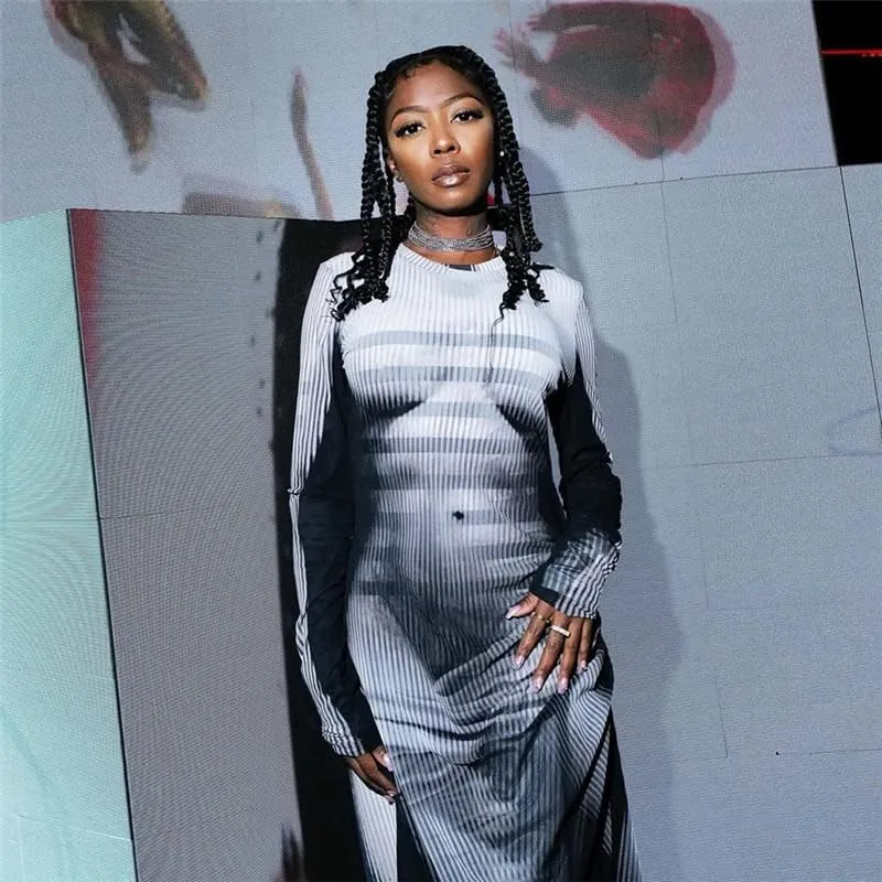 Y2K 3D Body Print Maxi Dress Women Aesthetic Long Sleeve Unique Sexy Body-Shaping Robe Party Clubwear Clothing