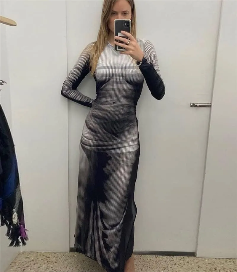Y2K 3D Body Print Maxi Dress Women Aesthetic Long Sleeve Unique Sexy Body-Shaping Robe Party Clubwear Clothing