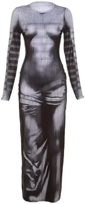Y2K 3D Body Print Maxi Dress Women Aesthetic Long Sleeve Unique Sexy Body-Shaping Robe Party Clubwear Clothing