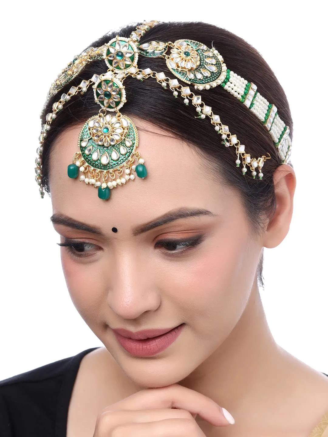 Yellow Chimes Maangtikka Daamini for Women Gold Plated Kundan Studded Meenakari Touch Multilayer White Beads Chain Designed Daamini Maangtikka for Women and Girls