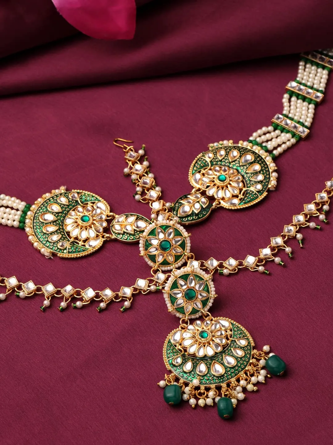 Yellow Chimes Maangtikka Daamini for Women Gold Plated Kundan Studded Meenakari Touch Multilayer White Beads Chain Designed Daamini Maangtikka for Women and Girls