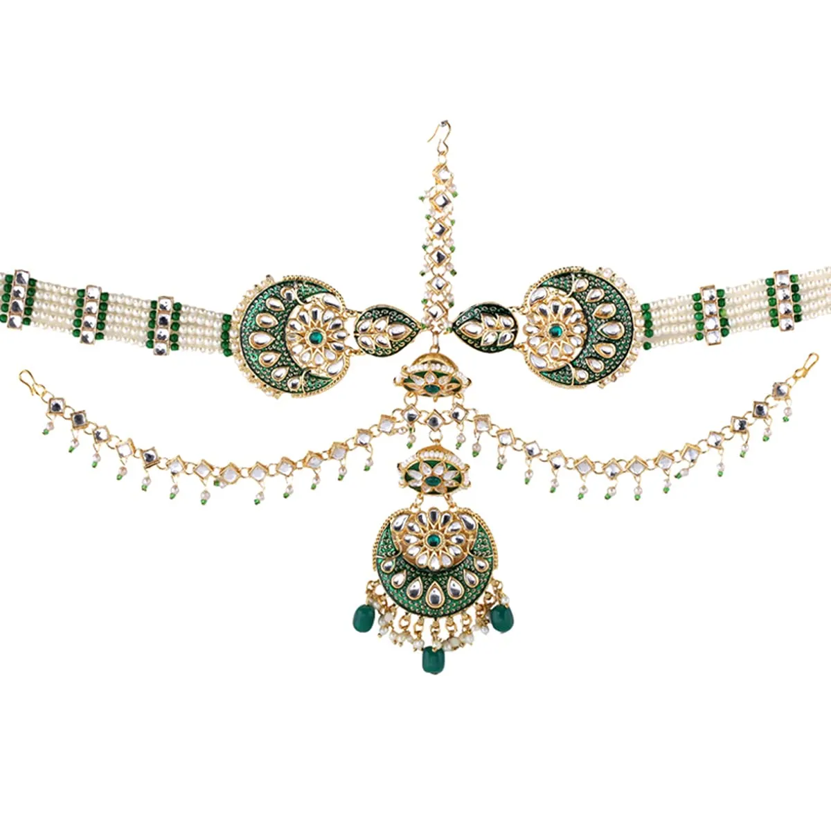 Yellow Chimes Maangtikka Daamini for Women Gold Plated Kundan Studded Meenakari Touch Multilayer White Beads Chain Designed Daamini Maangtikka for Women and Girls